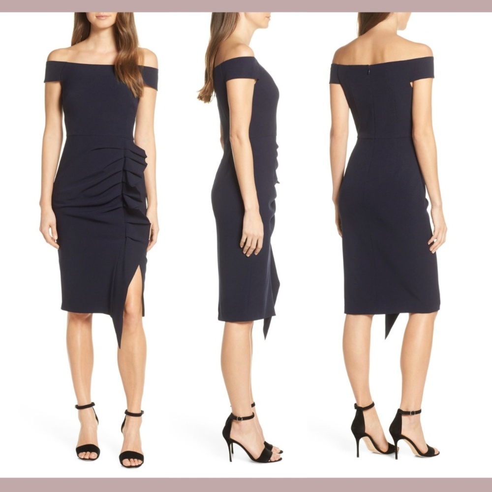 NWT Eliza J [ 4 ] Off the Shoulder Pleat Ruched Dress‎ in Navy Blue